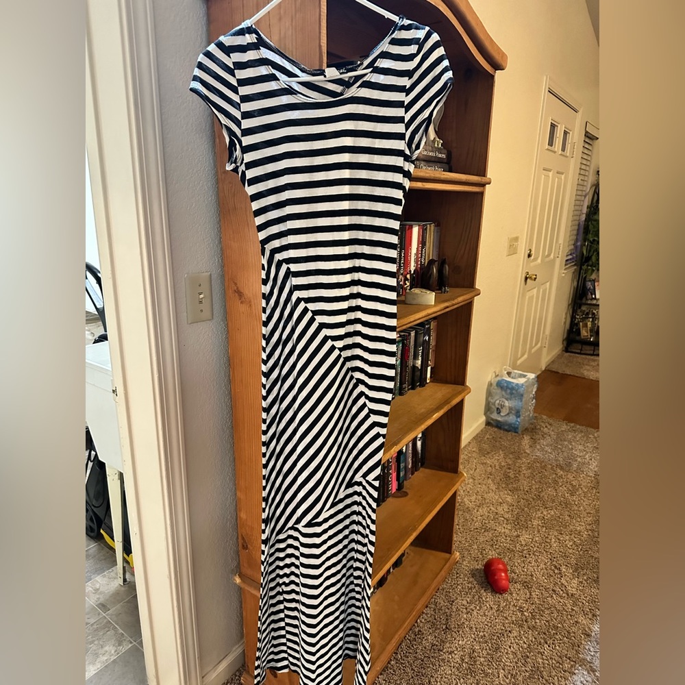 Long, black and white striped maxi dress